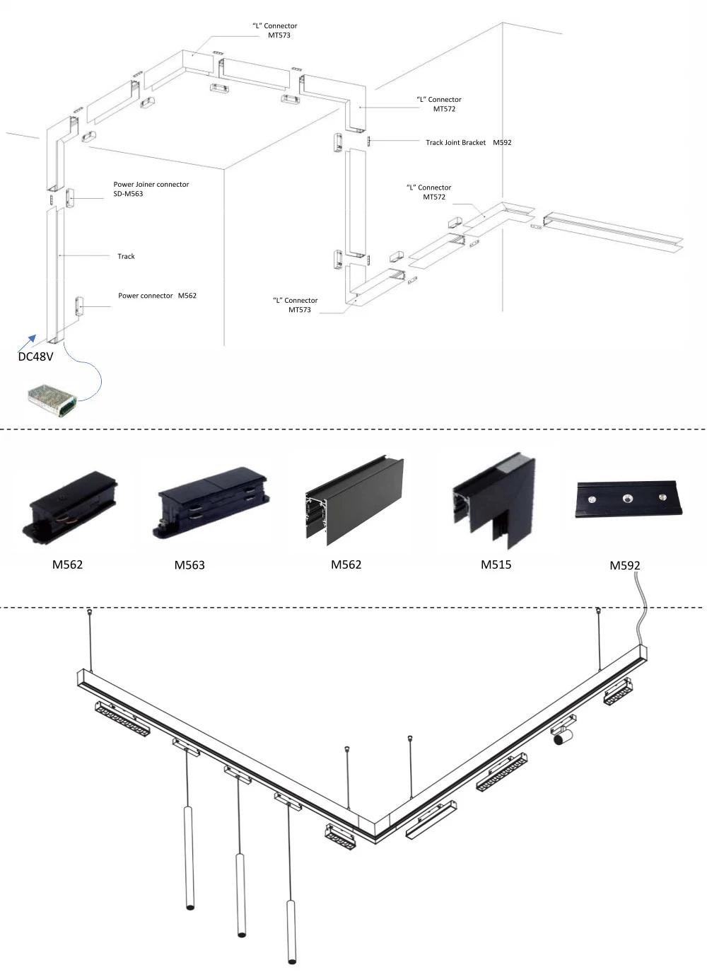 DC48V Magnetic Track Lighting Rail Light System 36mm Embedec Surface Magnetic Magnet Power Supply LED Light Track for LED